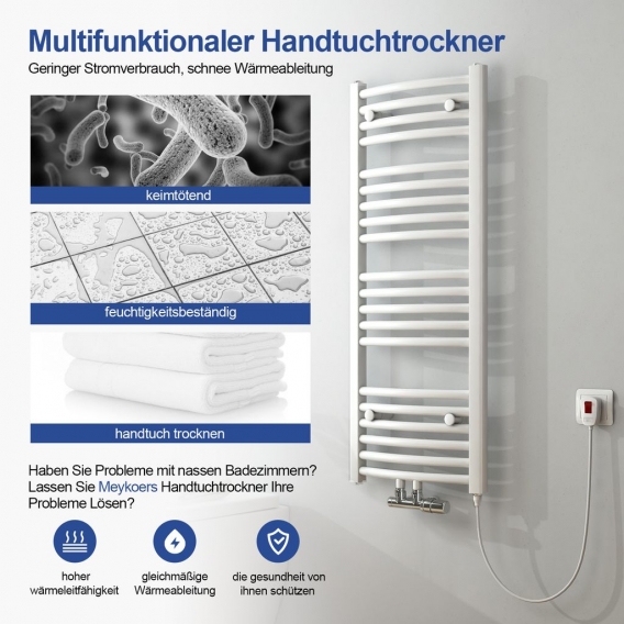 Meykoers Weiß Badheizkörper 120 x 40 cm Gebogen Elektrisch Handtuchtrockner für Wasser und Strom mit Kabel und Stecker mit Schal