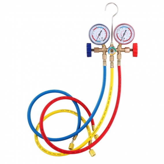 Kaeltemittel-Manifold-Messgeraet Set Klimaanlage Werkzeuge mit Schlauch und Haken fuer R12 R22 R404A R134A Refrigerant Manifold 