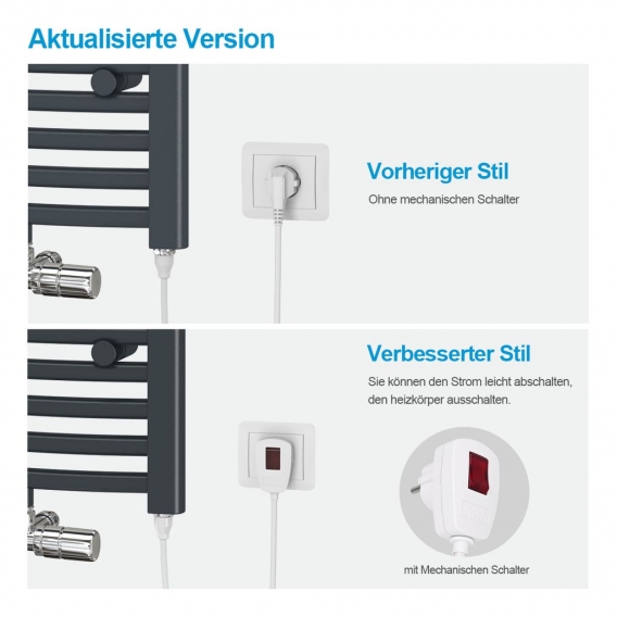 Heilmetz Handtuchheizkörper Gebogen Badheizkörper Mittelanschluss Warmwasser oder Elektrisch mit Heizstab 160x50cm 600w Anthrazi