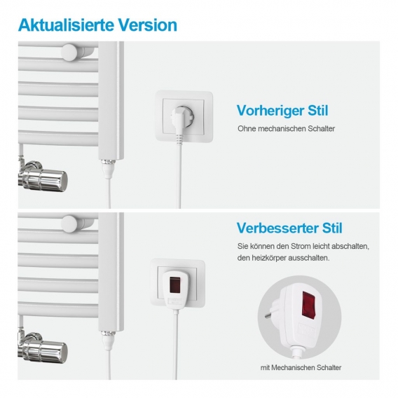 Heilmetz Handtuchheizkörper Gebogen Badheizkörper Mittelanschluss Warmwasser oder Elektrisch mit Heizstab 100x50cm 500w Weiß