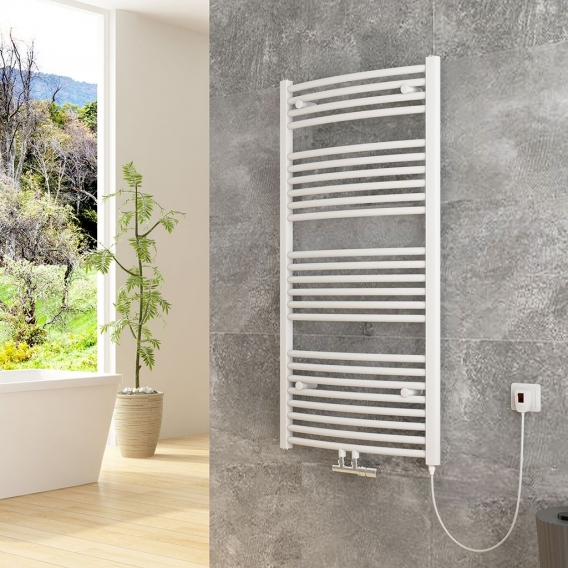 Heilmetz Handtuchheizkörper Gebogen Badheizkörper Mittelanschluss Warmwasser oder Elektrisch mit Heizstab 120x60cm 600w Weiß