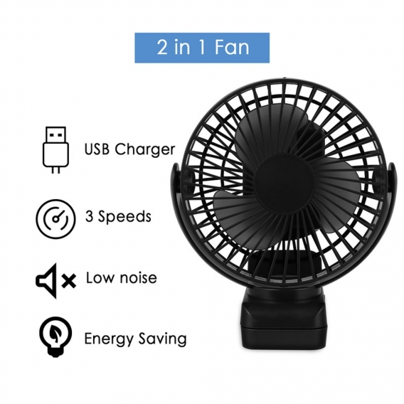 EINFEBEN USB Ventilator,Tischventilator, Mini Ventilator Batterie Wiederaufladbare 5000mAh, Leise Clip Tischventilator mit 3 Ges