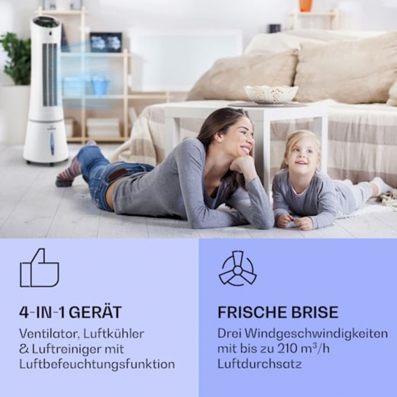 Klarstein Skyscaper Ice Smart Klimaanlage 4-in-1: Luftkühler, Ventilator, Luftbefeuchter & Ionisation - 6 L Wassertank - Oszilla