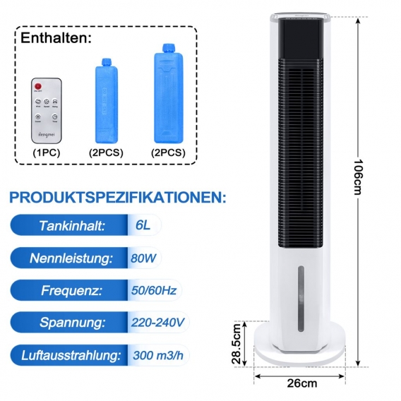 XMTECH 80W Turmventilator Klimaanlage Klimagerät 3 in 1 Säulenventilator Ventilator Tower Fan mit 12H Timer und Fernbedienung