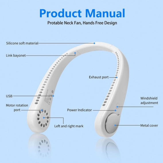 AcserGery Blattloser Ventilator mit hängendem Hals, wiederaufladbarer tragbarer USB-Halsventilator, 3-Gang-einstellbarer blattlo