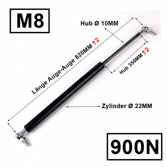 Gasdruckfeder Gasdruckdämpfer Universal Dämpfer Auge-Auge Aufnahme Kugelgelenk Länge: 820MM Hub: 350MM Kraft: 900N