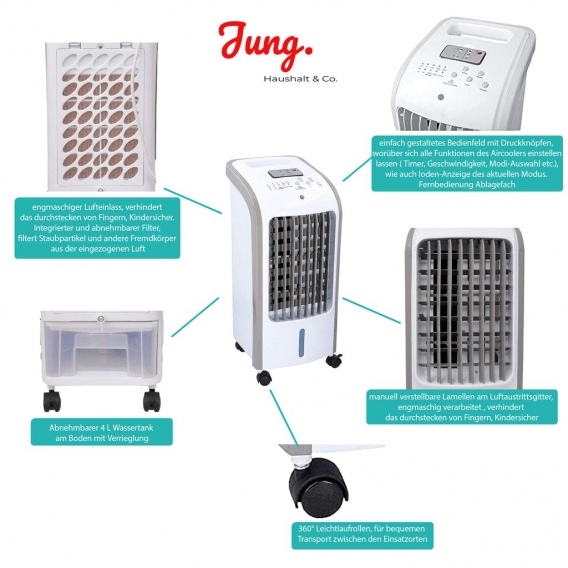 Jung Tv06 Ventilator mit Raumluftbefeuchter + Fernbedienung, 2in1 Lüfter ENERGIESPAREND, Standventilator, Luftfilter + Timer 7,5