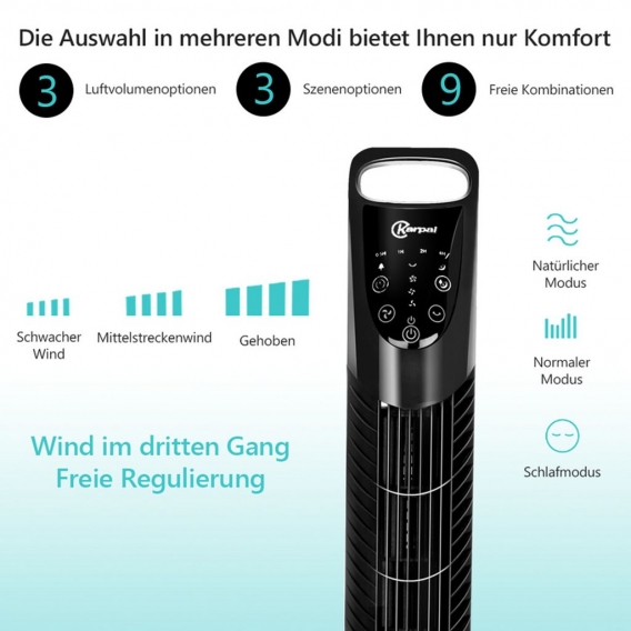 Wolketon 78cm Turmventilator tower fan 40Watt silent floor fan with remote control, sleep mode, nature mode. 7.5 H timer functio