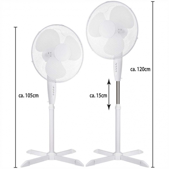 Standventilator Ø40cm mit Oszilation ( Weiß ) - Ventilator 45W, Höhenverstellbar 105-125cm - Towerventilator 3 Geschwindigkeitss