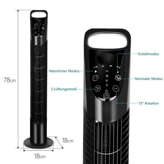 Fiqops Turmventilator mit Fernbedienung leise 75° oszillierender Ventilator Timer, Turm Standventilator, schwarz