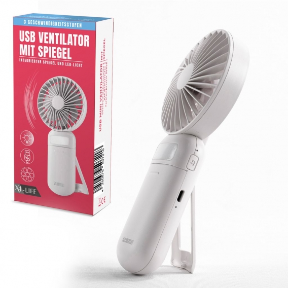 X4-LIFE Mini Ventilator mit Spiegel, LED Licht & Akku