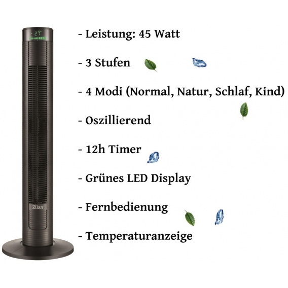 Zilan Turmventilator mit Fernbedienung | 3 Geschwindigkeitsstufen | 4 Modi | Timer | 45 Watt