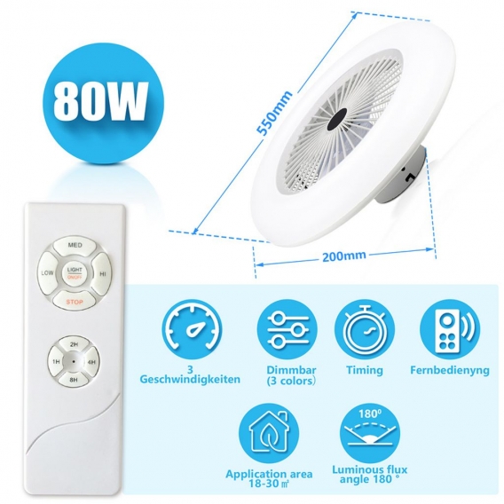 SWANEW 80W Deckenventilator Timer Kühler Beleuchtung Lüfter LED Weiß Fan Leuchte Zimmer