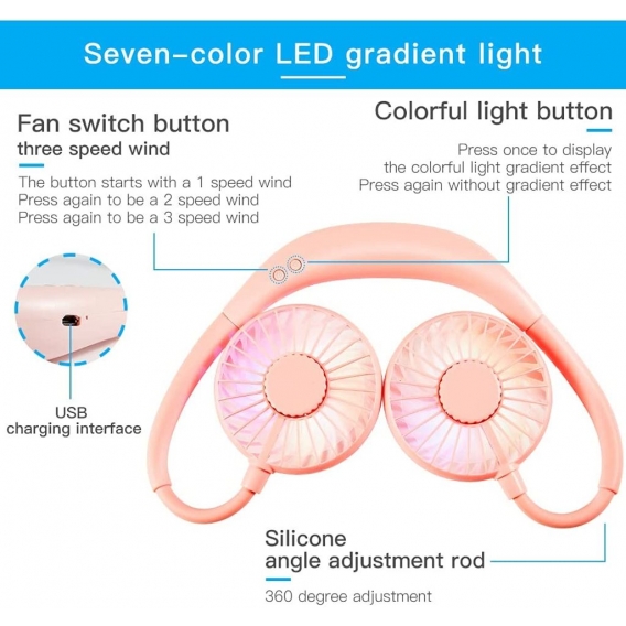 AcserGery Tragbarer Ventilator, tragbarer Mini-Ventilator, Mini-USB-Ventilator, 3 Geschwindigkeiten, 360°-Drehung mit LED-Licht 