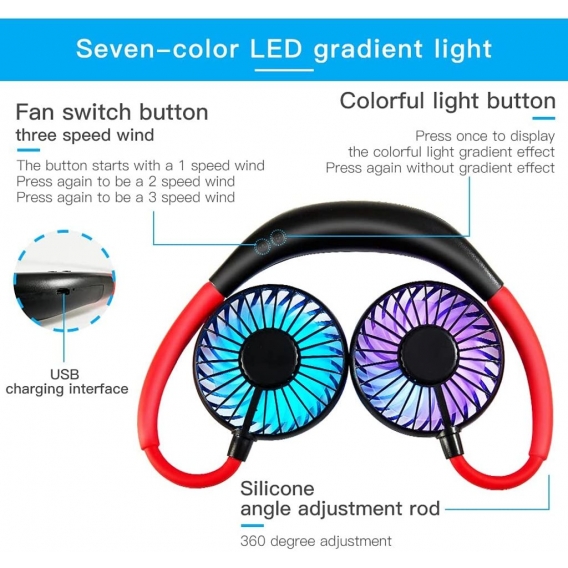 AcserGery Tragbarer Ventilator, tragbarer Mini-Ventilator, Mini-USB-Ventilator, 3 Geschwindigkeiten, 360°-Drehung mit LED-Licht 