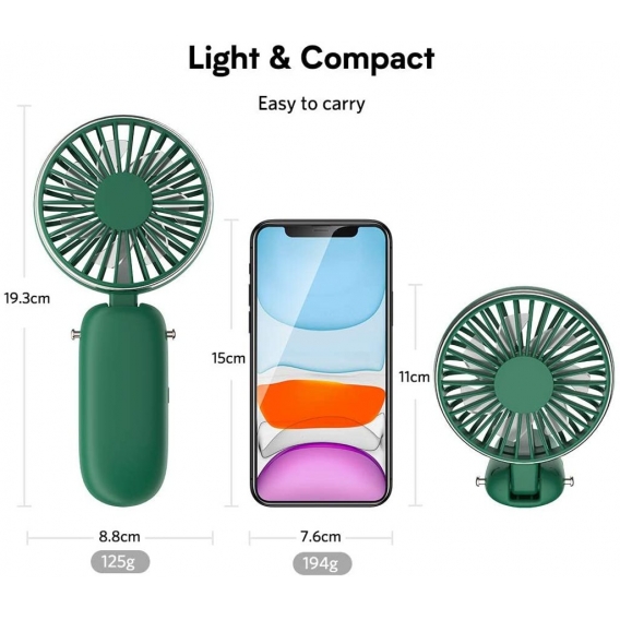 AcserGery Handfreier tragbarer Ventilator, Mini-Ventilator, Schreibtischventilator, Handventilator mit wiederaufladbarem USB-Kle