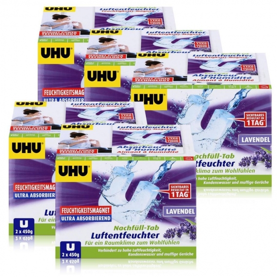 Uhu Luftentfeuchter Nachfüll-Tab Lavendel 2x450g Feuchtigkeits-Magnet (5er Pack)