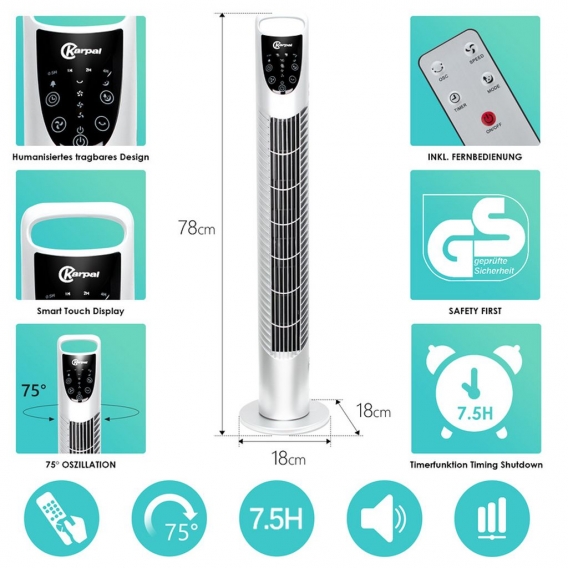 TolleTour Turmventilator Saeulenventilator mit Fernbedienung Towerventilator 40W 78 cm