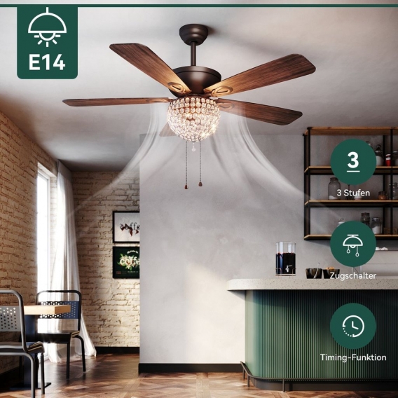 Antik Deckenventilator Zugschalter Kristall Fan Wohnzimmer Vintage Ohne Licht 132cm(52 Inch)