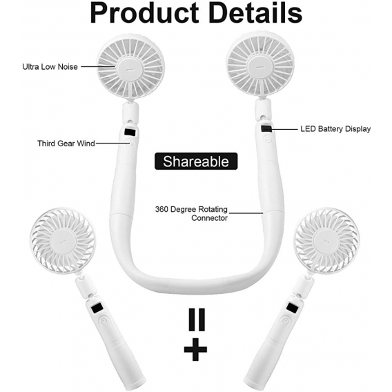 AcserGery Nacken- und Handventilator, 2 in 1 wiederaufladbarer Nackenventilator mit LED-Anzeige, 360° verstellbarer tragbarer Ve