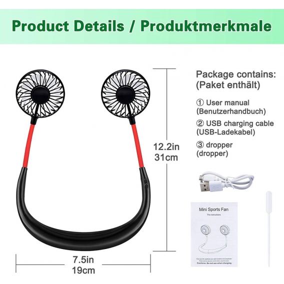 AcserGery Tragbarer Ventilator, Mini-USB-Halsventilator mit Akku, wiederaufladbarer USB-Ventilator mit LED-Licht, 3-Gang-Wind-Du