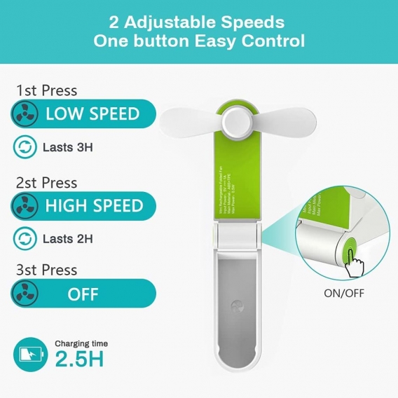 Pyzl Tragbarer Mini-Taschenventilator, Tischventilator, mit USB, wiederaufladbar, für Zuhause oder unterwegs, 2 Geschwindigkeite