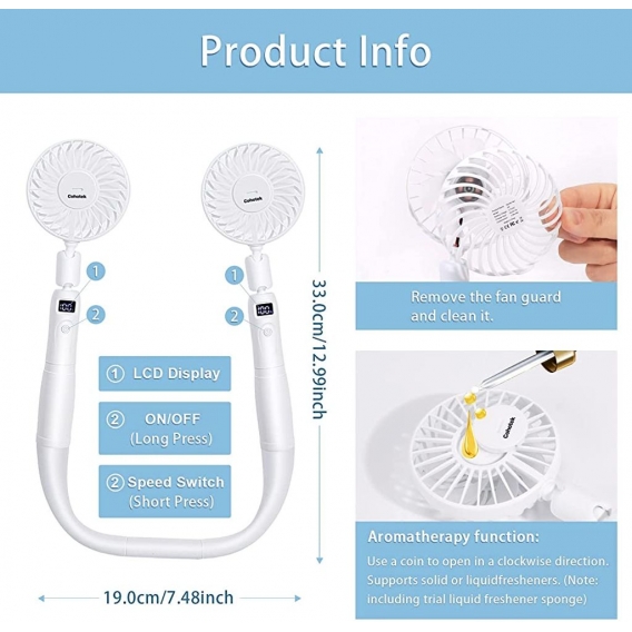 Pyzl Tragbarer USB-Mini-Ventilator, Handventilator, wiederaufladbarer USB-Halsventilator, 3 Geschwindigkeiten, LED-Anzeige, 360°