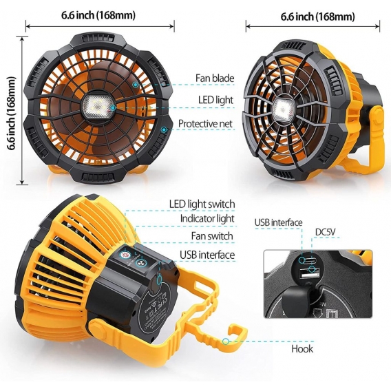 AcserGery Tragbarer Ventilator mit LED-Licht, 5200 mAh USB-Lüfter, Tischventilator mit leisem wiederaufladbarem Haken, drei eins