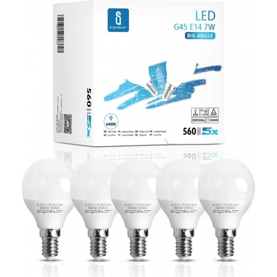 E14 LED Lampe 7Watt, 6400 Kelvin Kaltweiß 560 Lumen Glühbirne, 230° Abstrahlwinkel Energiesparlampe E14, Nicht Dimmbar, 5er-Pack