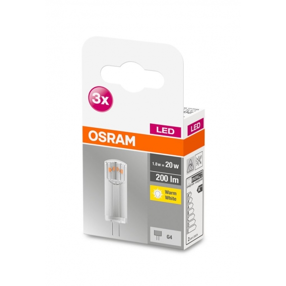 OSRAM BASE LED Lampe PIN, Pinlampe mit G4 Sockel, 1,80W, Ersatz für 20W-Glühbirne, klar, Warmweiss (2700K), 3er-Pack