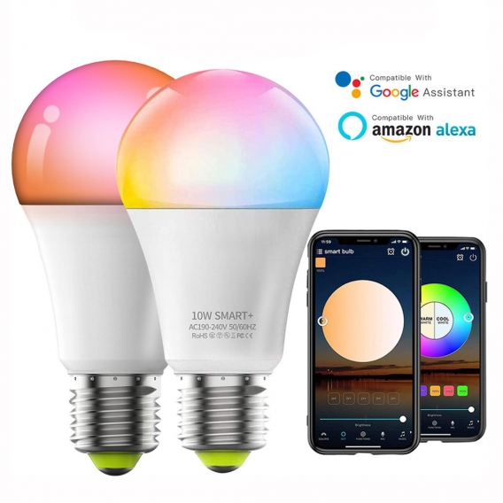 2 Stück E27 Smart WLAN LED Glühbirne Dimmbar RGB Weiß Licht Leuchtmittel Birne Kompatibel mit Alexa und Google Home