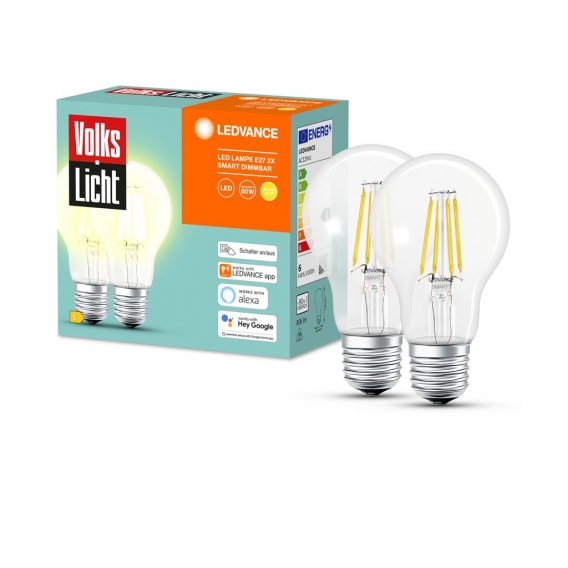 Ledvance Smart LED Leuchtmittel E27, klar, Birne - A60, 6W, 806Lm 2er Set