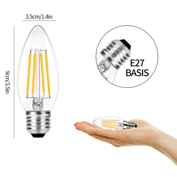 6er Pack E27 Kerze LED Lampe für Kronleuchter,Glühfaden Retrofit Classic, 4W 470 Lumen ersetzt 40 Watt, 2700K Warmweiß