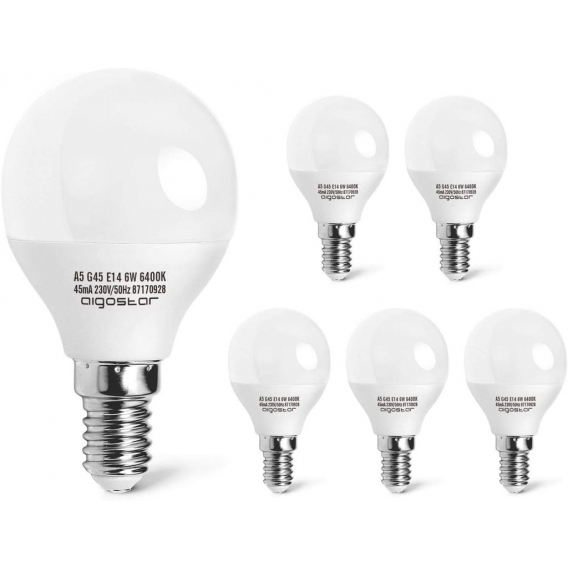 Aigostar LED Lampe Birnen E14, 5W, Kaltweiß Licht 6400K, 425 Lumen, Abstrahlwinkel 230 Grad, 5er Pack, Kugel, Energiespar [Energ