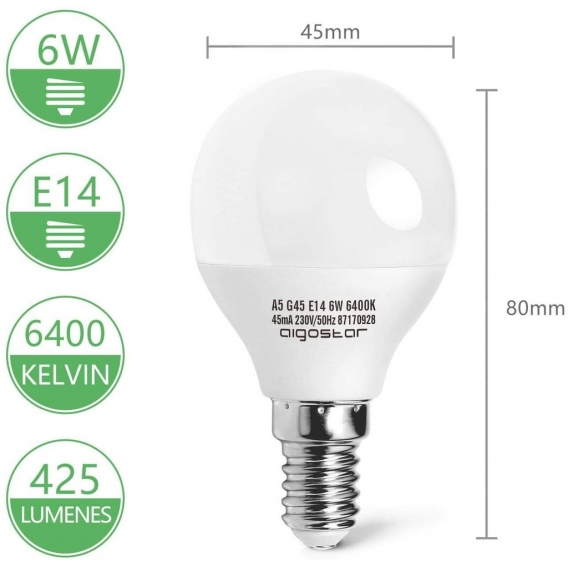 Aigostar LED Lampe Birnen E14, 5W, Kaltweiß Licht 6400K, 425 Lumen, Abstrahlwinkel 230 Grad, 5er Pack, Kugel, Energiespar [Energ