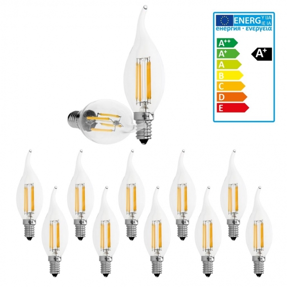 ECD Germany 10er Pack E14 LED Windstoß Kerze Filament 4W - AC 220-240V - 414 Lumen - 120° Abstrahlwinkel - Warmweiß 2800K - erse