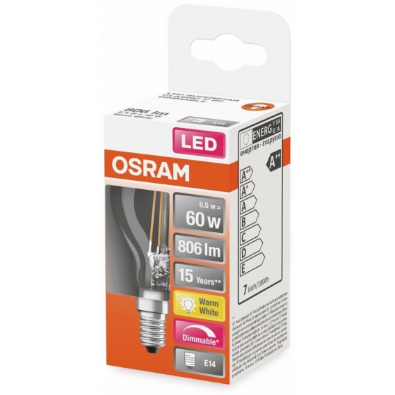 OSRAM Dimmbare Filament LED Lampe mit E14 Sockel, Warmweiss (2700K), Tropfenform, 6.5W, Ersatz für 60W-Glühbirne, klar, LED Retr