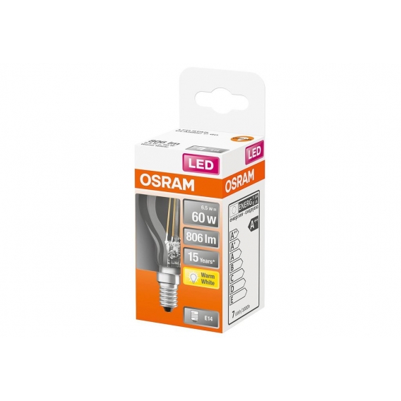 OSRAM Filament LED Lampe mit E14 Sockel, Tropfenform, Warmweiss (2700K), 5,50W, Ersatz für 60W-Glühbirne, klar, LED Retrofit CLA