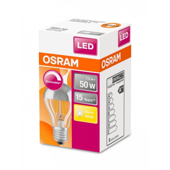 OSRAM LED SUPERSTAR MIRROR CLASSIC A 50 FS DIM Warmweiß Filament Silber Verspiegelt E27 Glühlampe