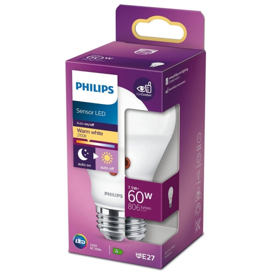 Philips LED Lampe mit Dämmerungssensor ersetzt 60W, E27 Standardform A60, warmweiß, 806 Lumen, nicht dimmbar, 1er Pack