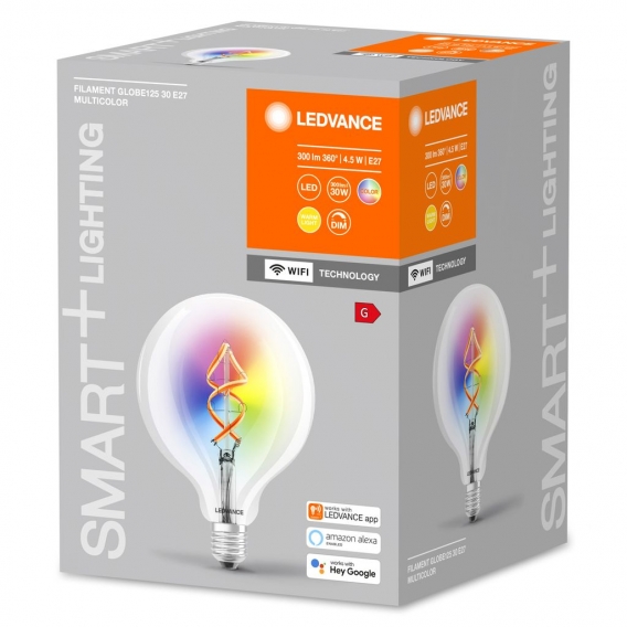 LEDVANCE Smarte LED-Lampe mit Wifi Technologie, E27, RGB-Farben änderbar, Globeform, Farbiges Filament als Stimmungslicht, Ersat