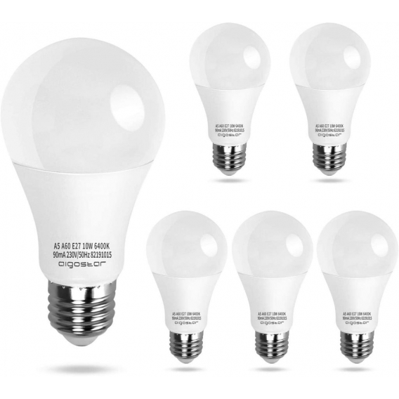 Aigostar Led E27 Kaltweiß 10W Leuchtmittel Birne Lampe 6400K 850 Lumen Abstrahlwinkel 280 Grad A60 Glühbirnen Tropfen 5 Stücke E