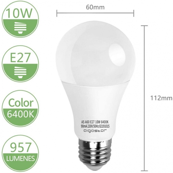 Aigostar Led E27 Kaltweiß 10W Leuchtmittel Birne Lampe 6400K 850 Lumen Abstrahlwinkel 280 Grad A60 Glühbirnen Tropfen 5 Stücke E