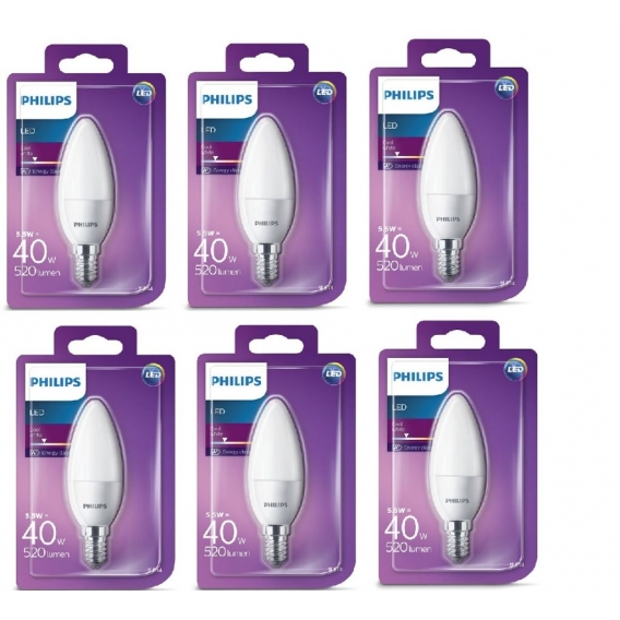 6 x Philips LED Kerze B35 Weiß Matt 5,5W＝40W 520lm E14 A+ 4000K CoolWhite