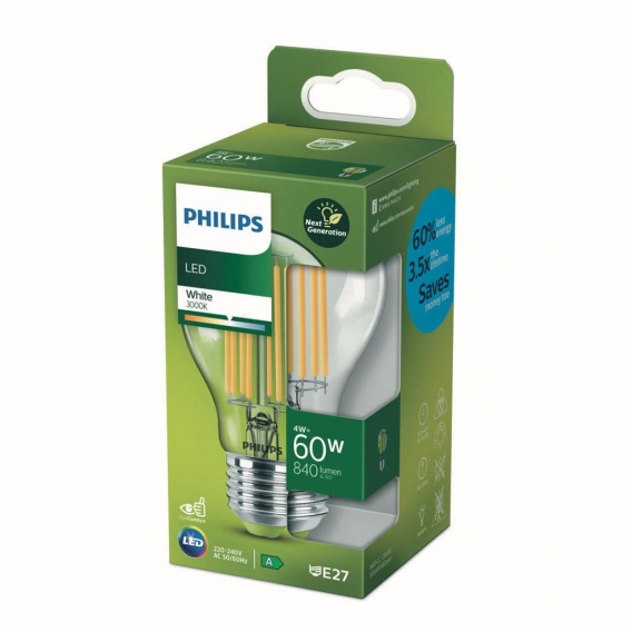 Philips LED Lampe ersetzt 60W, E27 Standardform A60, klar, warmweiß, 840 Lumen, nicht dimmbar, 1er Pack