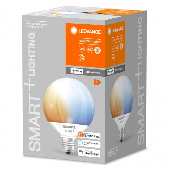 LEDVANCE Smarte LED-Lampe mit Wifi Technologie, Sockel E27, Dimmbar, Lichtfarbe änderbar (2700-6500K), Globeform, Matt, Ersatz f