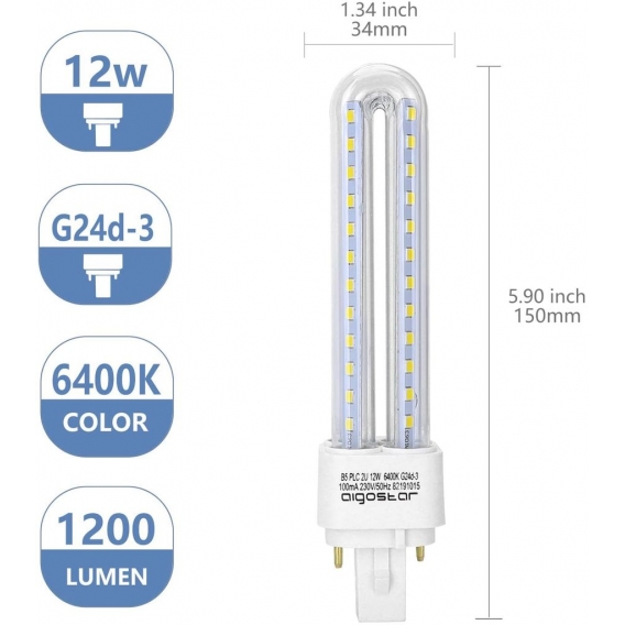 Led Kaltweiß 12W PLC G24 Leuchtmittel Mains Birne Lampe 6400K 1200 Lumen Abstrahlwinkel 360 Grad 2U Glühbirnen 5 Stücke Energies