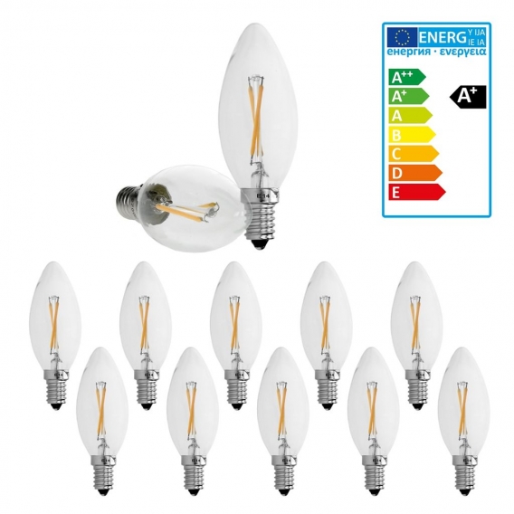 ECD Germany 10er Pack LED Kerze Filament E14 2W - Warmweiß 2800K - 204 Lumen - 120° Abstrahlwinkel - AC 220-240V - erstezt 15W G