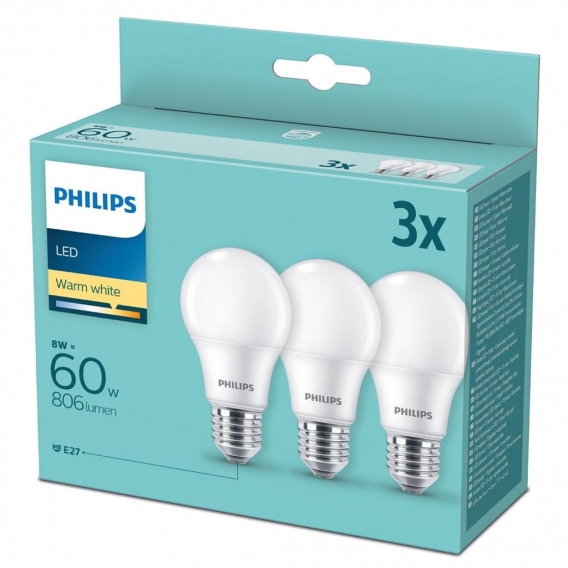 Philips LED Lampe ersetzt 60W, E27 Standardform A60, weiß, warmweiß, 806 Lumen, nicht dimmbar, 3er Pack