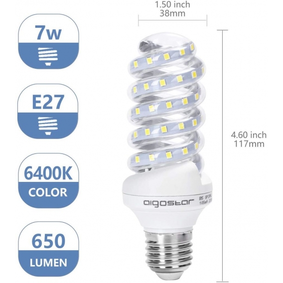 E27 LED Kaltweiss 7W Spirale 6400K 650 Lumen Leuchtmittel Birnen Lampe Glühbirne Nicht Dimmbar [Energieklasse A+]